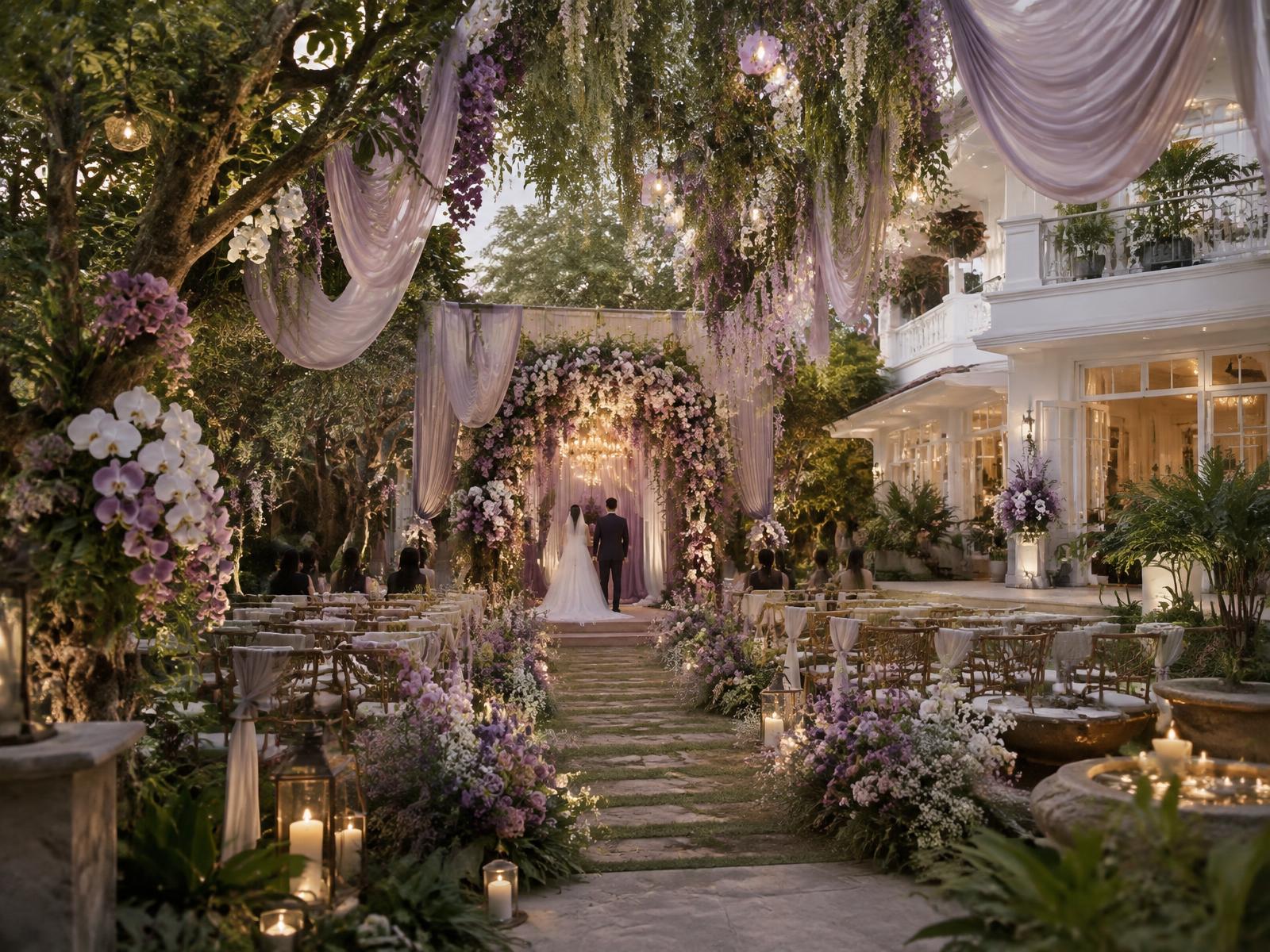 Suasana pernikahan taman bernuansa lilac